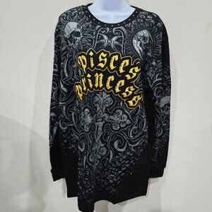 Pisces Princess Long Sleeve Top – by HOROSCOPEZ Black Gold Zodiac Graphic M